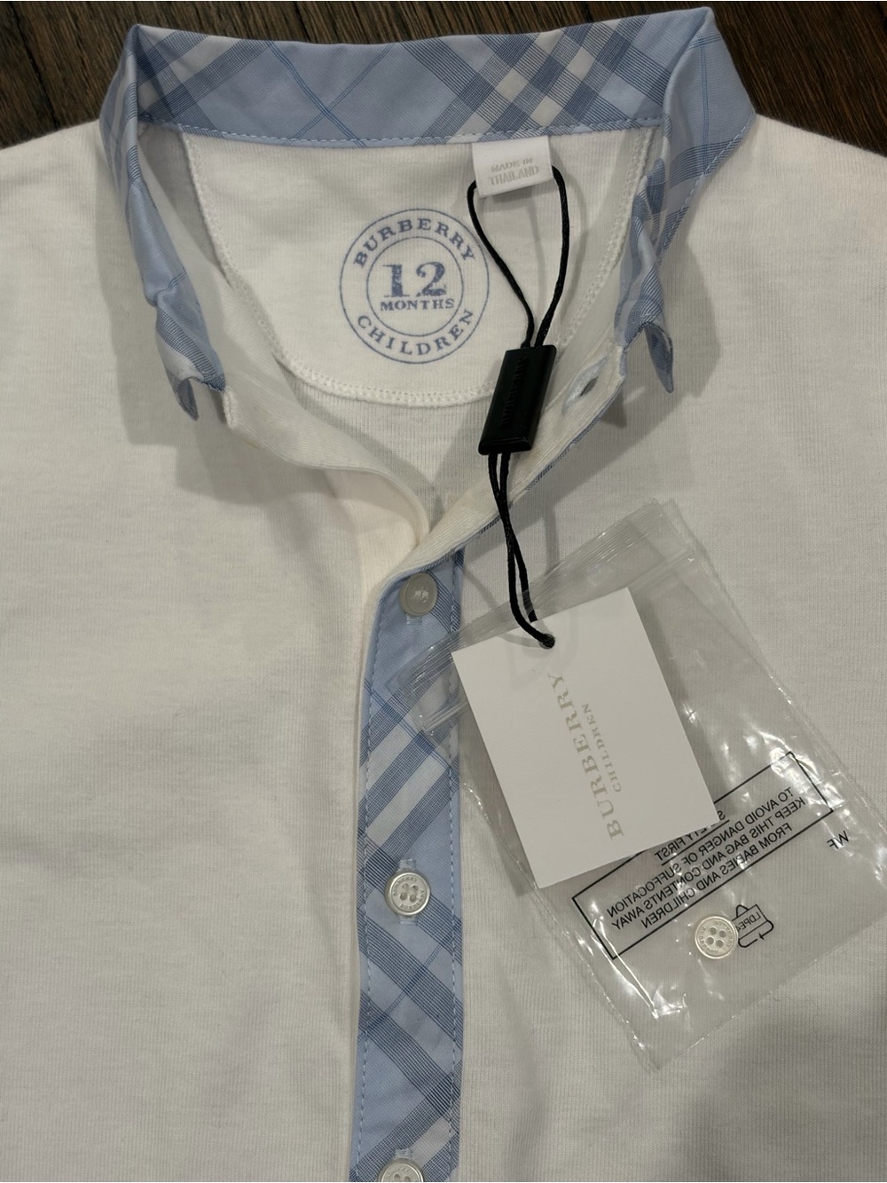 Burberry White Baby Bodysuit with Light Blue Check Trim, 12M - Picture 2 of 4